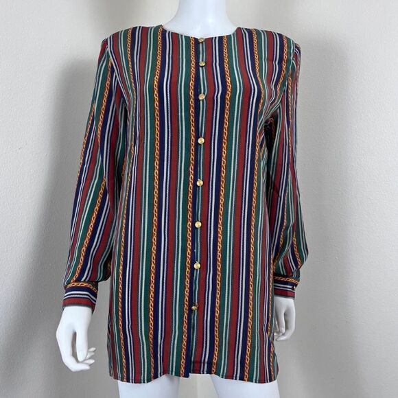 Vintage Vanranda Women Size S Silk Striped Tunic Blouse Button Up Retro Office - Picture 12 of 14